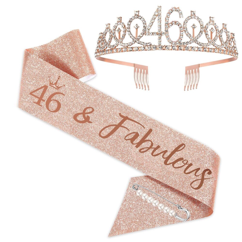 2475 Rose Gold Birthday Tiara and Sash , Fabulous 46th Birthday Party Favor
